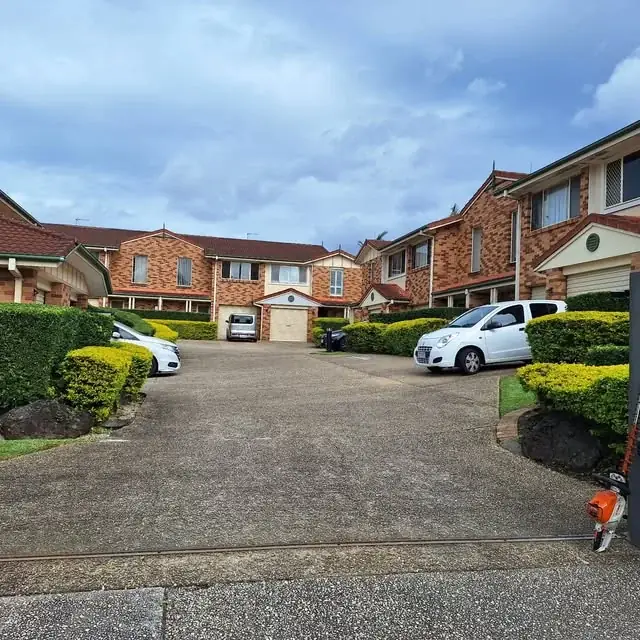 Trimmed hedges along a townhouse complex driveway